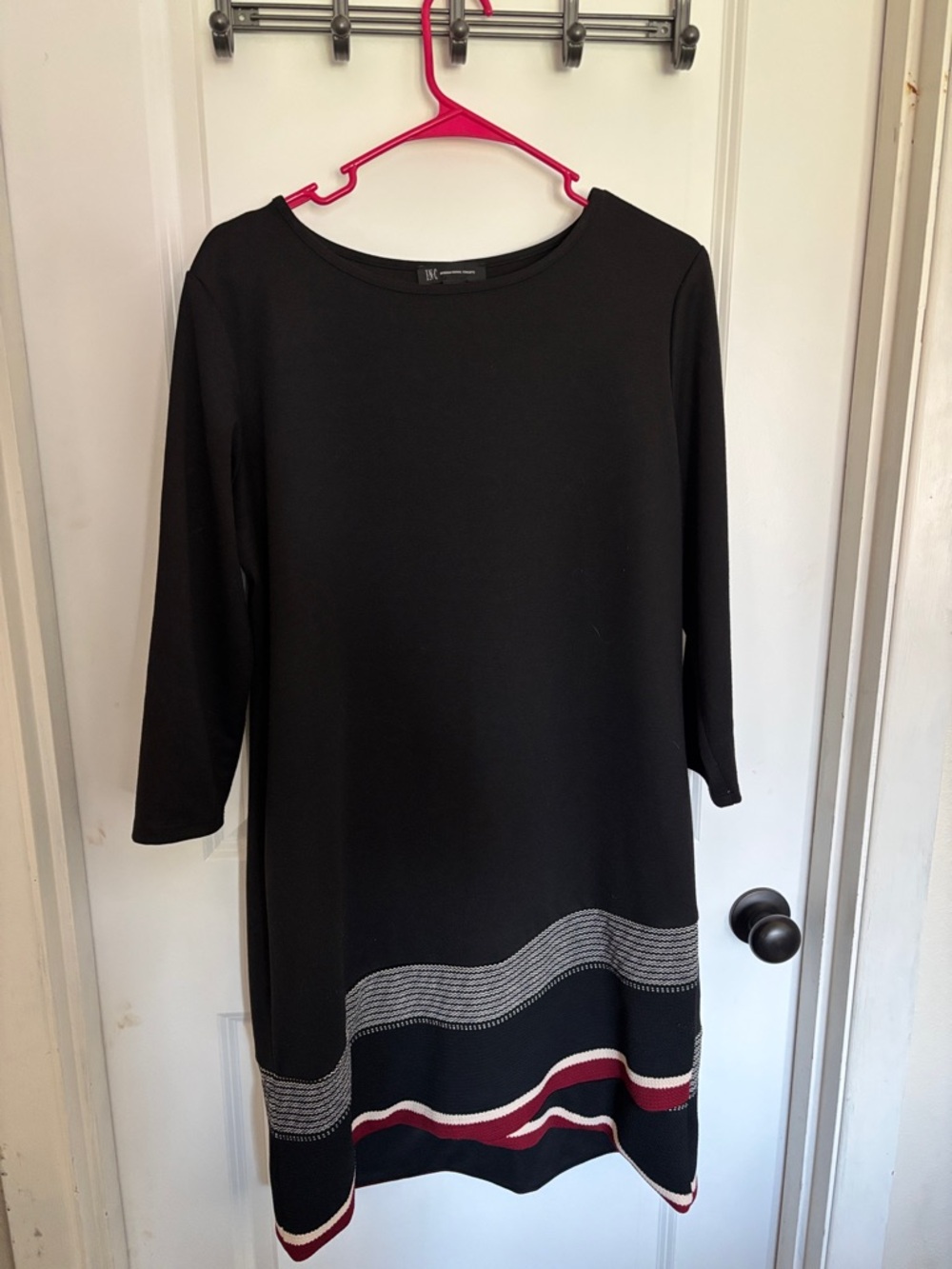 INC International Concepts Black Midi Shift Dress with Gray and Burgundy Stripes